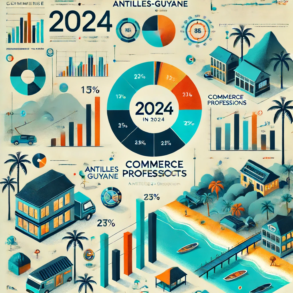 Un graphique coloré montrant les statistiques des métiers du commerce aux Antilles-Guyane pour l'année 2024. Le graphique inclut des données sur le nombre d'emplois dans le secteur, les taux de croissance, les salaires moyens, et les domaines d'activité les plus dynamiques. En arrière-plan, une carte des Antilles-Guyane est légèrement visible, ajoutant un contexte géographique aux données présentées.