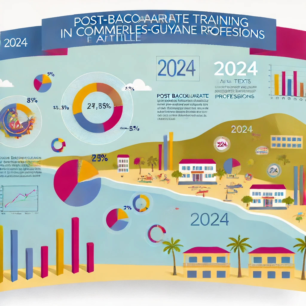 Un graphique coloré montrant les statistiques des formations post-bac dans les métiers du commerce aux Antilles-Guyane pour l'année 2024. Le graphique inclut des données sur le nombre d'inscriptions, le taux de réussite, les domaines de spécialisation les plus populaires et les perspectives d'emploi. En arrière-plan, une carte des Antilles-Guyane est légèrement visible, ajoutant un contexte géographique aux données présentées.