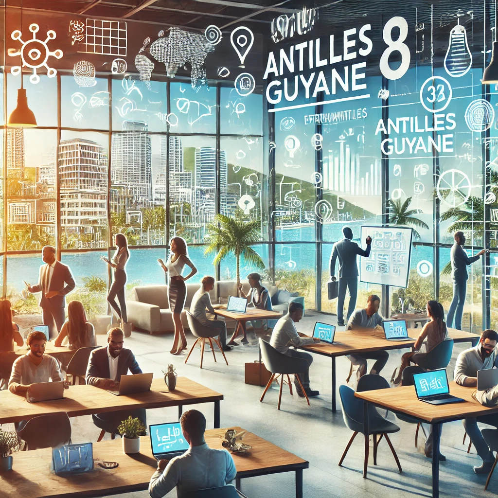 Scène entrepreneuriale animée dans les Antilles-Guyane avec des entrepreneurs travaillant dans un espace de coworking moderne.