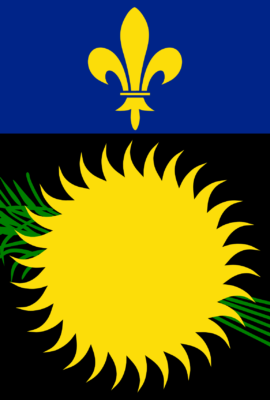 Le drapeau de la Guadeloupe est affiché sur un fond clair. Il présente une composition de deux bandes horizontales : la bande supérieure est bleue avec trois fleurs de lys dorées et la bande inférieure est noire avec un soleil doré et une canne à sucre verte. Ce drapeau incarne l'identité unique et la richesse culturelle de la Guadeloupe.