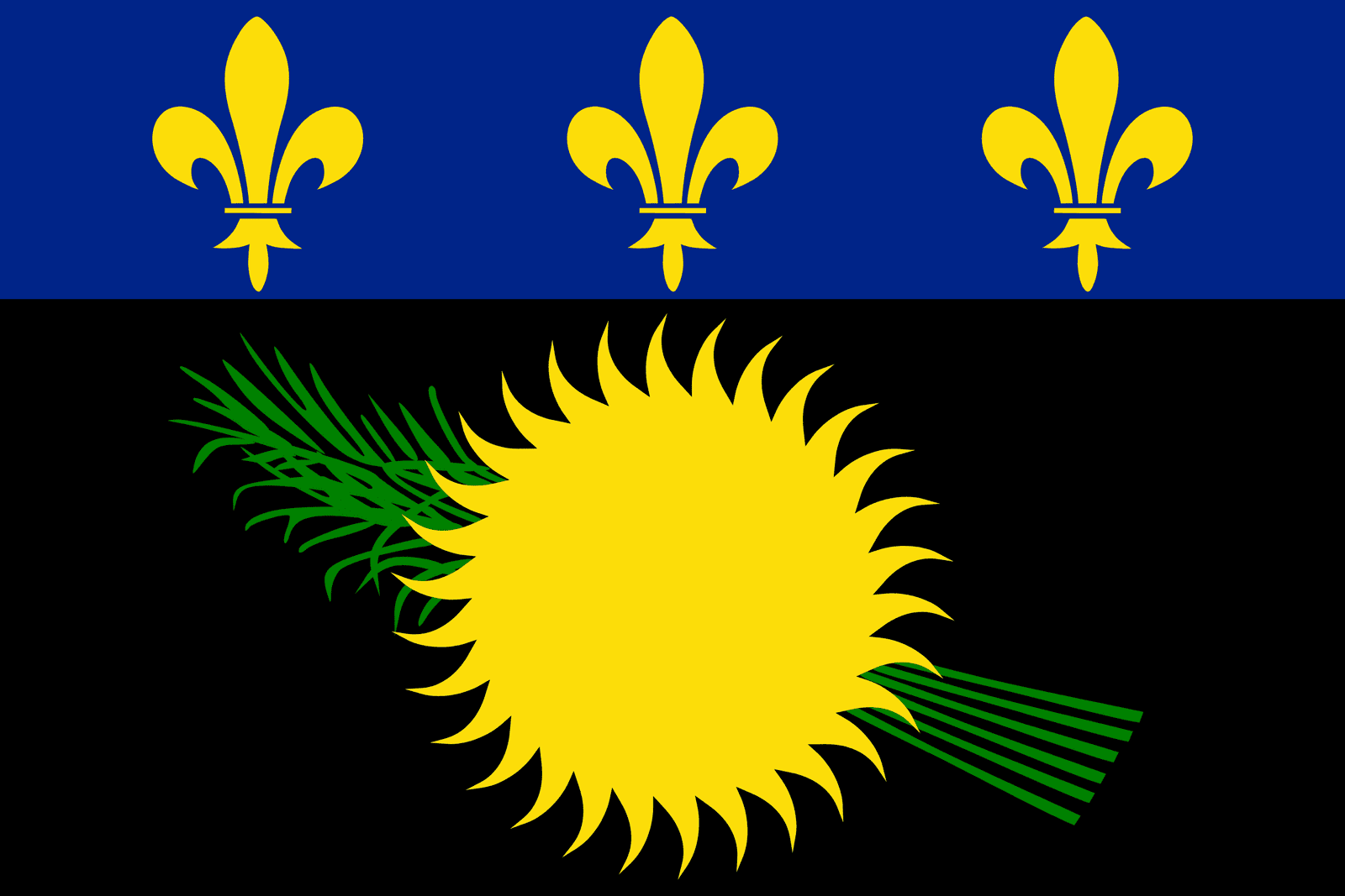 Le drapeau de la Guadeloupe est affiché sur un fond clair. Il présente une composition de deux bandes horizontales : la bande supérieure est bleue avec trois fleurs de lys dorées et la bande inférieure est noire avec un soleil doré et une canne à sucre verte. Ce drapeau incarne l'identité unique et la richesse culturelle de la Guadeloupe.