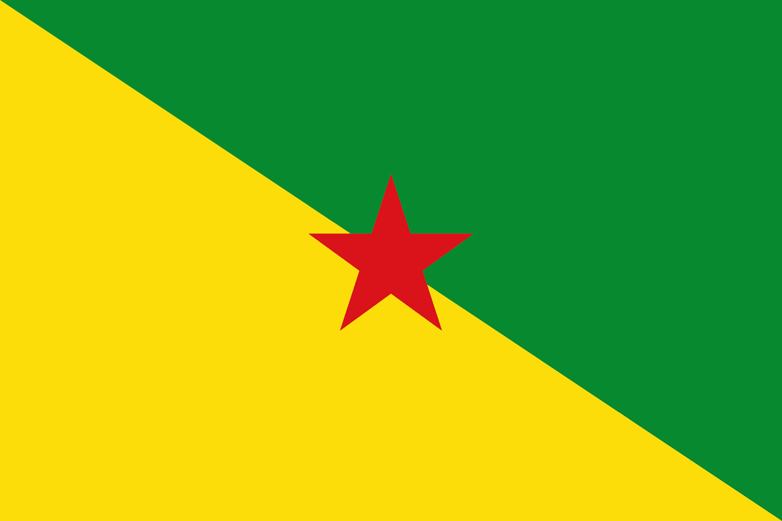 Le drapeau de la Guyane est affiché sur un fond clair. Il est divisé en deux triangles diagonaux : le triangle supérieur est vert et le triangle inférieur est jaune. Au centre, une étoile rouge à cinq branches symbolise le socialisme et la lutte pour la liberté. Ce drapeau incarne l'identité unique et la richesse culturelle de la Guyane.