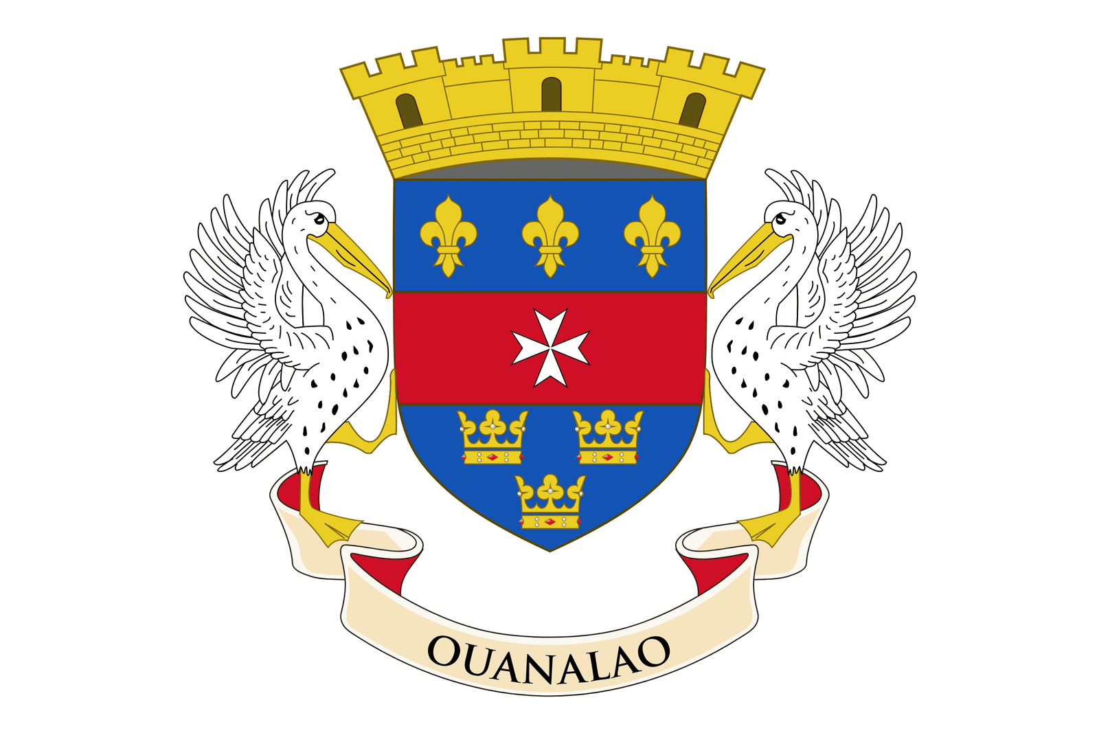 Le drapeau de Saint-Barthélemy est affiché sur un fond clair. Il présente un blason central sur un fond blanc. Le blason est divisé en quatre parties avec des éléments distinctifs : une couronne, des fleurs de lys, une tour, et des palmiers. Ce drapeau incarne l'identité unique et la richesse culturelle de Saint-Barthélemy.